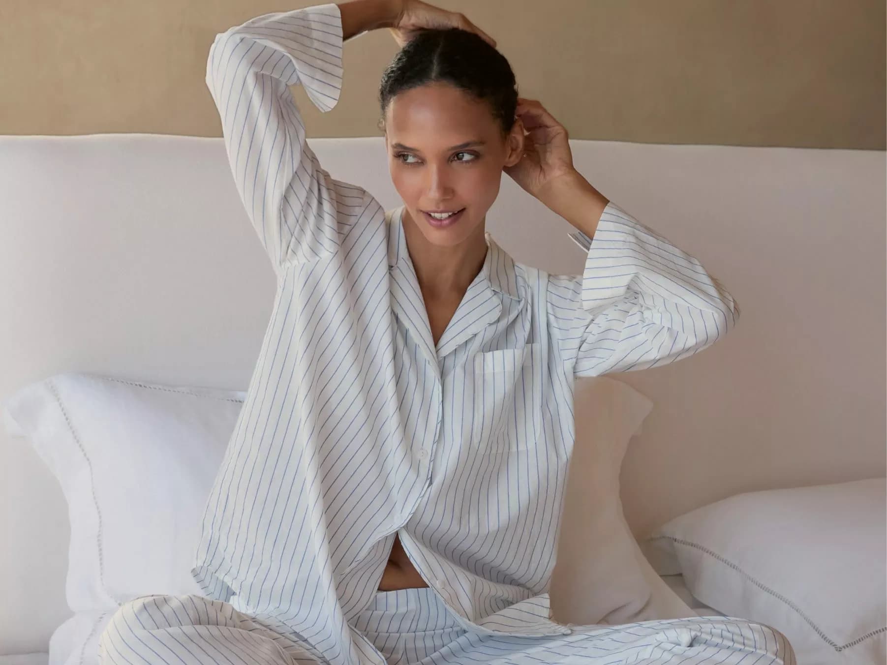 Woman wearing striped summer nightwear